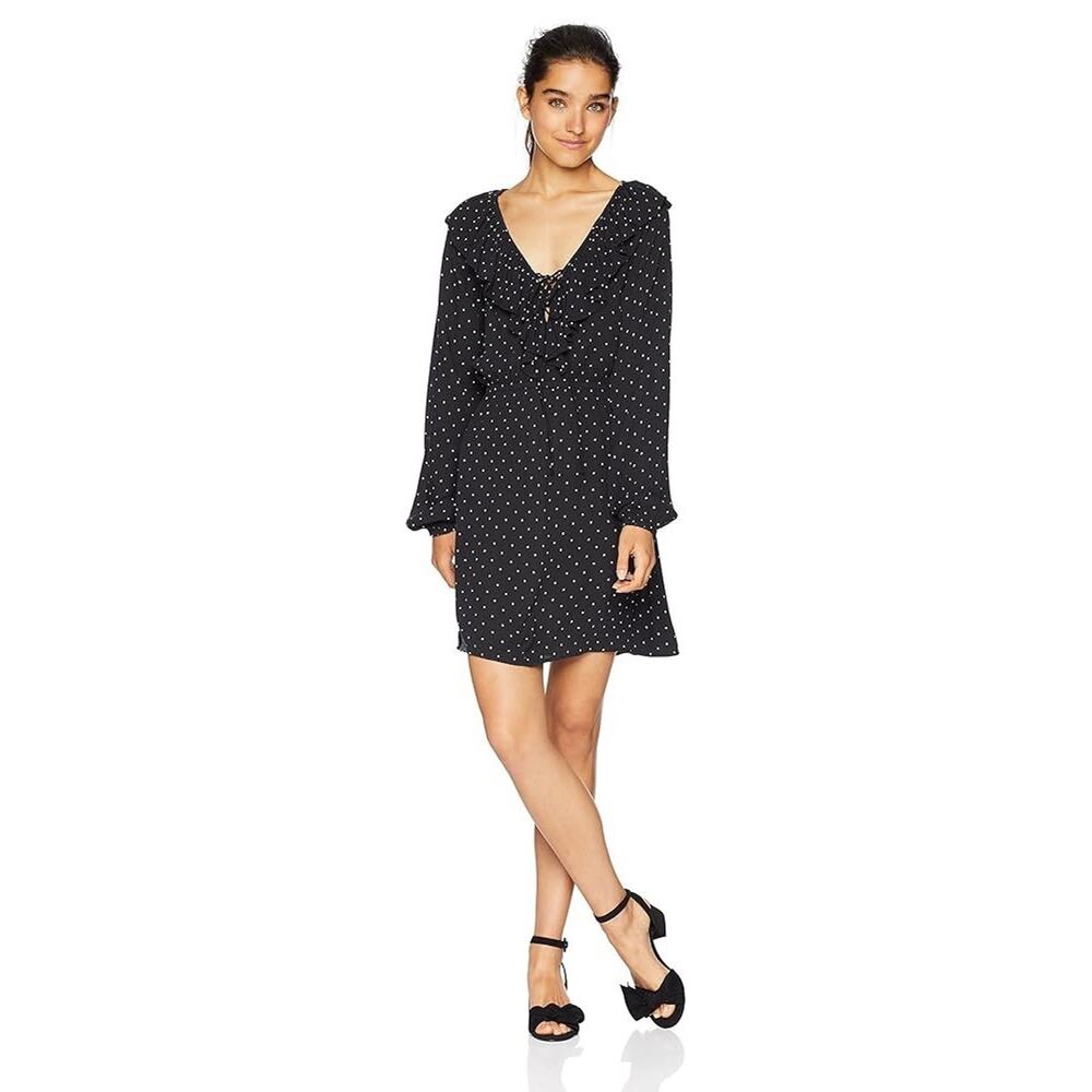 Billabong Womens M Take Away Dress Ruffle V-Neck Polka Dot Long Sleeve Black